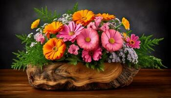 Fresh bouquet of multi colored daisies in rustic flower pot generated by AI photo