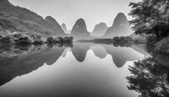 Majestic mountain peak reflected in tranquil karst formation water generated by AI photo