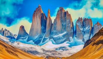 majestuoso montaña pico en panorámico paisaje, Perfecto para montaña alpinismo generado por ai foto