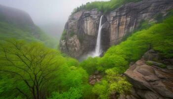 majestuoso montaña rango, fluido agua, tranquilo escena, natural belleza generado por ai foto