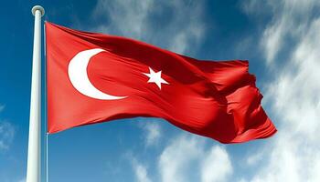Turkish flag flying high, blowing in the wind with freedom generated by AI photo