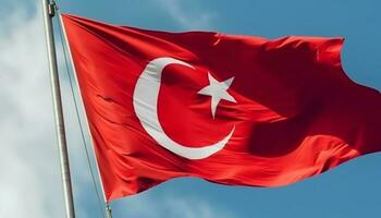 Waving Turkish flag flying high with pride and patriotism generated by AI photo