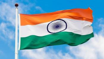 Majestic Indian flag waving on flagpole, symbol of patriotism and freedom generated by AI photo