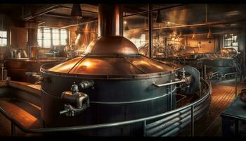 Shiny stainless steel brewery equipment fermenting dark liquid indoors generated by AI photo