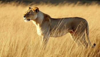 Majestic lioness walking in the savannah, a portrait of pride generated by AI photo