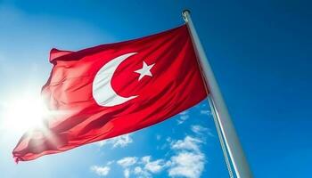 Waving Turkish flag symbolizes pride, freedom, and patriotism outdoors generated by AI photo