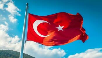 turco bandera ondulación majestuosamente en el viento, símbolo de orgullo generado por ai foto