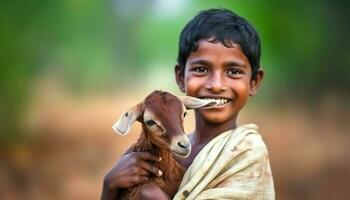 Smiling child holds cute goat, standing in rural farm scene generated by AI photo