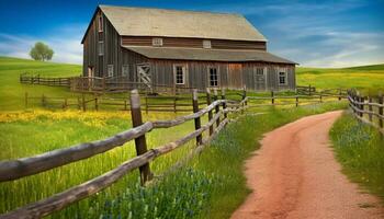 Rustic barn in green meadow, surrounded by nature beauty generated by AI photo