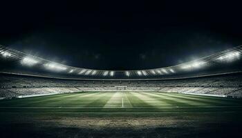Digital composite of crowded soccer field illuminated by floodlights generated by AI photo