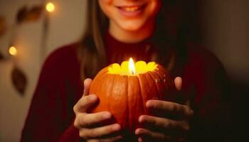 One child holding glowing pumpkin lantern, celebrating Halloween indoors generated by AI photo
