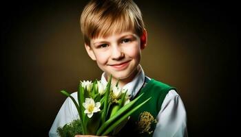 Cute blond boy holding tulip bouquet, smiling at camera joyfully generated by AI photo