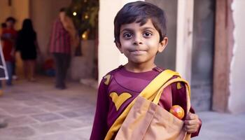 Smiling boys holding gift bags, celebrating Indian tradition and culture generated by AI photo