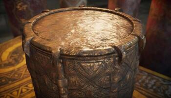 Antique percussion instrument on rustic wooden table, indigenous culture decoration generated by AI photo