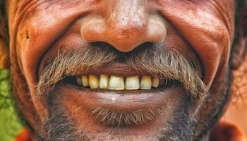 Smiling senior Indian man with gray beard and mustache outdoors generated by AI photo