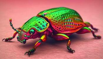 Multi colored weevil in extreme close up, on green background generated by AI photo