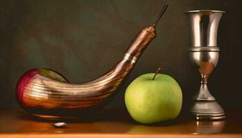 Fresco manzana en de madera mesa con hoja, reflejando sano comiendo generado por ai foto
