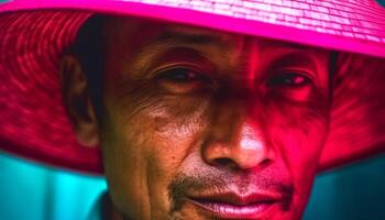 Smiling caucasian man in straw hat exudes confidence outdoors generated by AI photo