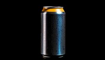 Metallic bottle reflects black background, containing refreshing soda drink generated by AI photo
