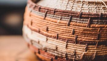 Woven straw basket with rustic pattern, perfect for home decor generated by AI photo