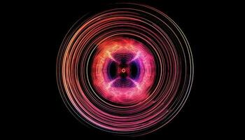 Glowing neon circle spins in abstract pattern on black background generated by AI photo