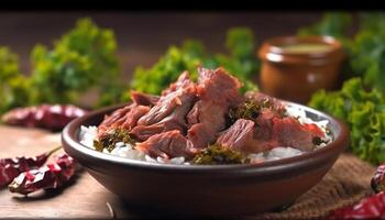 recién A la parrilla filete y Cerdo en rústico de madera mesa generado por ai foto