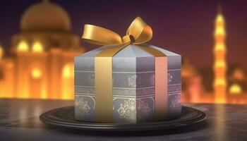 Gift box wrapped in ornate gold decoration for winter celebration generated by AI photo