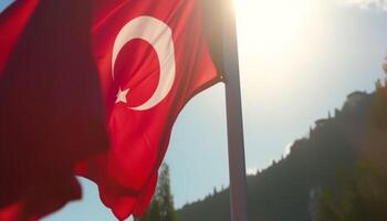 Turkish flag waves proudly over majestic mountain landscape at sunset generated by AI photo