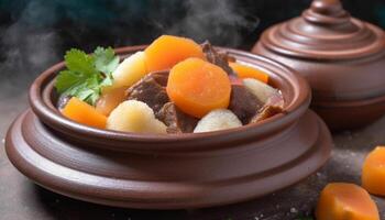 Steaming bowl of homemade stew with organic vegetables and meat generated by AI photo