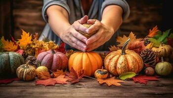 Rustic wooden table with pumpkin gourds, leaves, and smiling humans generated by AI photo