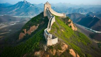 Majestic ancient wall surrounds mountain range, an international landmark generated by AI photo
