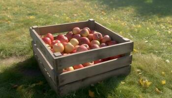 Juicy ripe apples in a green crate, fresh from orchard generated by AI photo
