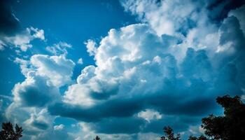 Fluffy cumulus clouds float high up in the vibrant sky generated by AI photo