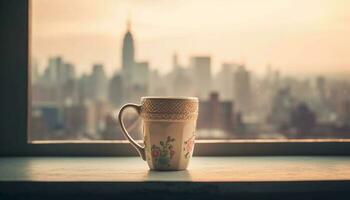 Coffee cup on table, cityscape outside window, urban relaxation generated by AI photo