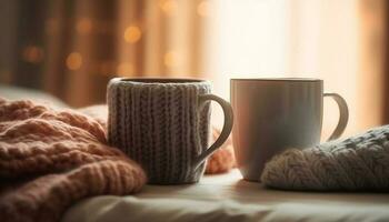 Cozy woolen knits, hot drinks, and rustic decor for winter generated by AI photo