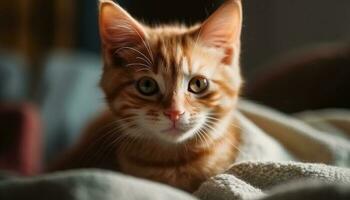 Fluffy ginger kitten staring with curiosity, playing and relaxing comfortably generated by AI photo