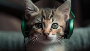 Fluffy kitten lying down, staring at camera with charming beauty generated by AI photo