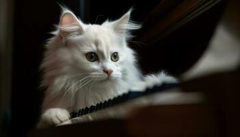 Cute kitten playing piano, looking at camera with playful whiskers generated by AI photo
