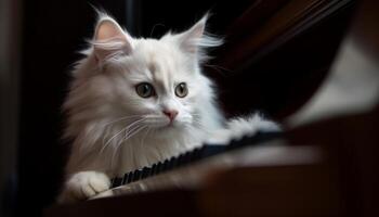 Cute kitten playing piano, looking at camera with playful whiskers generated by AI photo