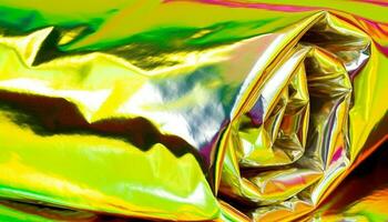 Abstract multi colored candy packaging with shiny chocolate backdrop generated by AI photo