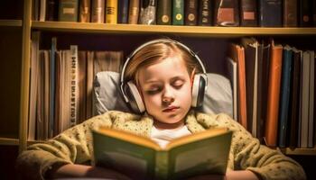 Caucasian student lying down, studying literature in library with imagination generated by AI photo