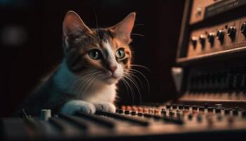 linda gatito jugando en computadora escritorio, acecho ratón en pantalla generado por ai foto