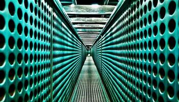 Bright steel tubes in a row, reflecting blue geometric shapes generated by AI photo