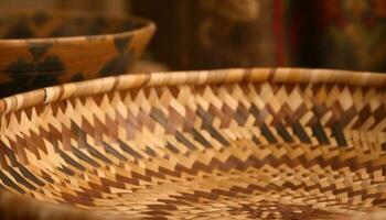 Woven bamboo basket, rustic design, ornate pattern, yellow background generated by AI photo