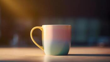 Hot coffee mug on wooden table in cozy coffee shop generated by AI photo