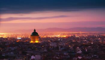 Illuminated skyline of ancient city, famous for its spirituality generated by AI photo