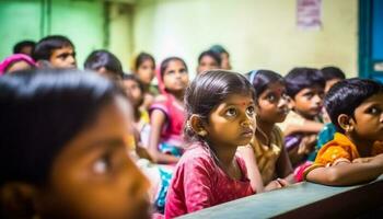 Cheerful school children sitting at desks, studying with innocence generated by AI photo