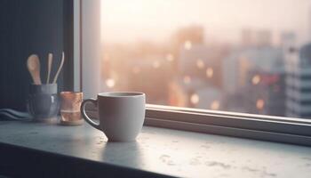 Modern office design with hot tea on window sill for relaxation generated by AI photo