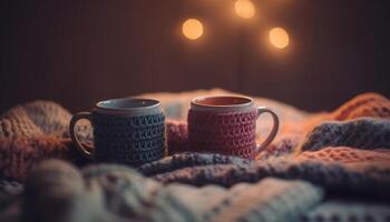 Warming up with hot chocolate, knitting, and cozy decorations indoors generated by AI photo