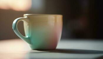 Hot coffee in blue mug on wooden table by window generated by AI photo
